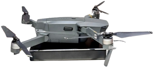 Quadcopter drone carrying a Mirega gas analyzer module mounted under its frame for airborne measurement