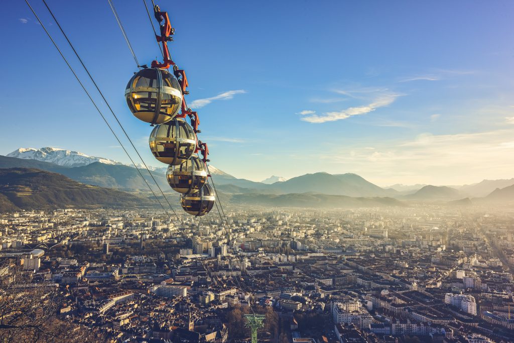 The Bastille cable car above Grenoble, with the Alps in the background.